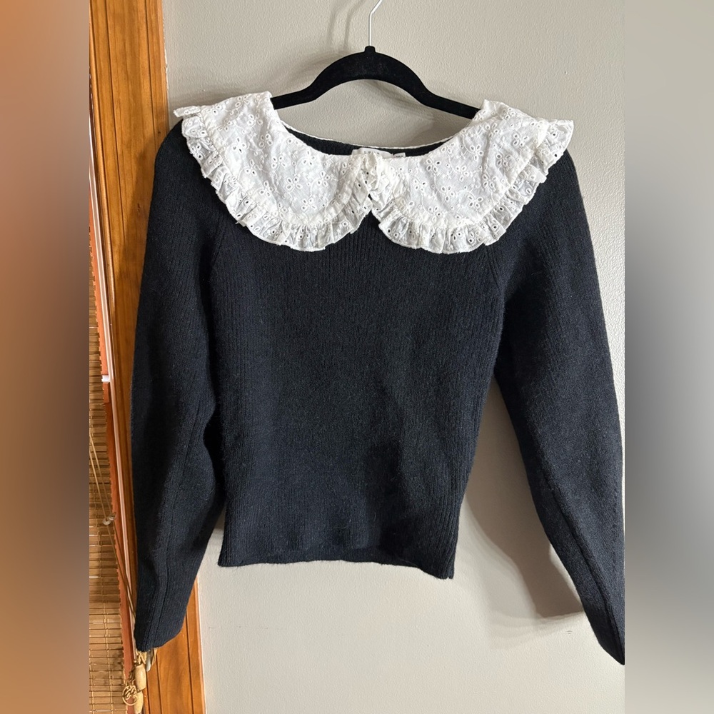 Lush Black Sweater with White Eyelet Collar